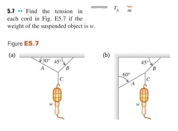 5.7 . Find the tension in
TA
m
each cord in Fig. E5.7 if the
weight of the suspended object is w.
Figure E5.7
(a)
(Б)
30° 45°
45°
60°
B.
