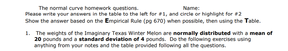 The normal curve homework questions.
Please write your answers in the table to the left for #1, and circle or highlight for #2
Show the answer based on the Empirical Rule (pg 670) when possible, then using the Table.
Name:
The weights of the Imaginary Texas Winter Melon are normally distributed with a mean of
20 pounds and a standard deviation of 4 pounds. Do the following exercises using
anything from your notes and the table provided following all the questions.
1.
