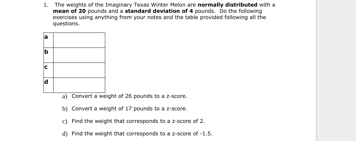 The weights of the Imaginary Texas Winter Melon are normally distributed with a
mean of 20 pounds and a standard deviation of 4 pounds. Do the following
exercises using anything from your notes and the table provided following all the
questions
1.
a
C
a) Convert a weight of 26 pounds to a z-score.
b) Convert a weight of 17 pounds to a z-score.
c) Find the weight that corresponds to a z-score of 2.
d) Find the weight that corresponds to a z-score of -1.5.
