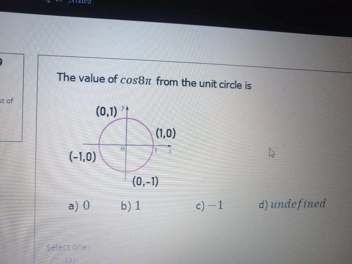 The value of cos8n from the unit circle is
ut of
(0,1) "†
(1,0)
(-1,0)
(0,-1)
a) 0
b) 1
c) – 1
d) undefined
Select one:
(a)
