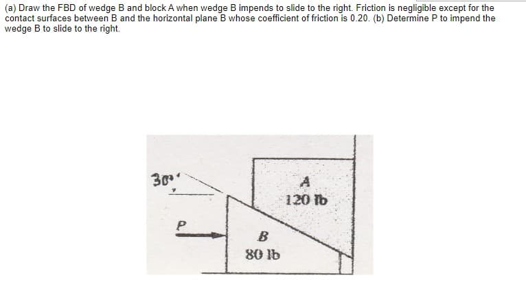 (a) Draw the FBD of wedge B and block A when wedge B impends to slide to the right. Friction is negligible except for the
contact surfaces between B and the horizontal plane B whose coefficient of friction is 0.20. (b) Determine P to impend the
wedge B to slide to the right.
30
120 fb
B
80 lb
