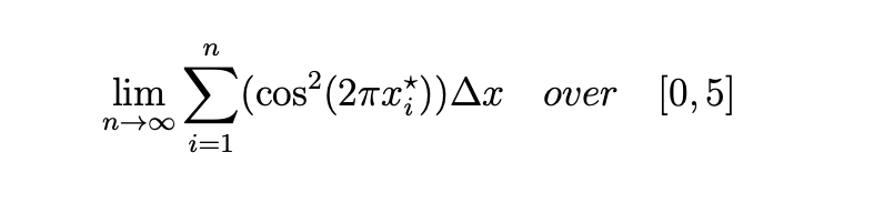 n
lim
E(cos (27x;))Aa over [0,5]
i=1
