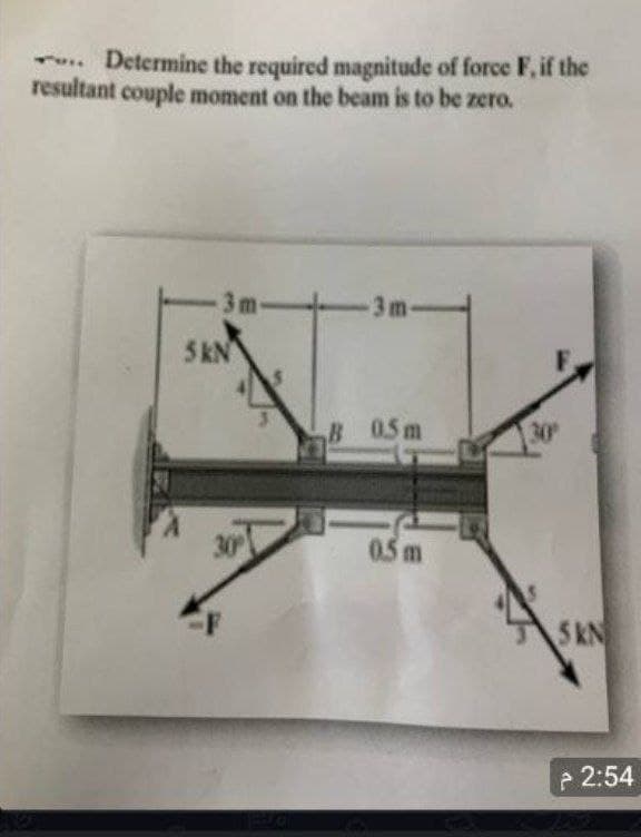 Determine the required magnitude of force F, if the
resultant couple moment on the beam is to be zero.
3m
3 m
5 KN
B 05m
30
30
0.5 m
5 KN
P 2:54
