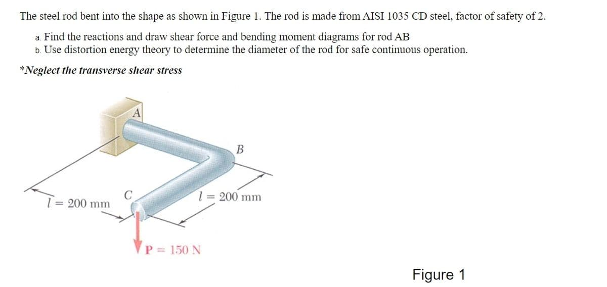 The steel rod bent into the shape as shown in Figure 1. The rod is made from AISI 1035 CD steel, factor of safety of 2.
a. Find the reactions and draw shear force and bending moment diagrams for rod AB
b. Use distortion energy theory to determine the diameter of the rod for safe continuous operation.
*Neglect the transverse shear stress
В
l = 200 mm
= 200 mm
P = 150 N
Figure 1

