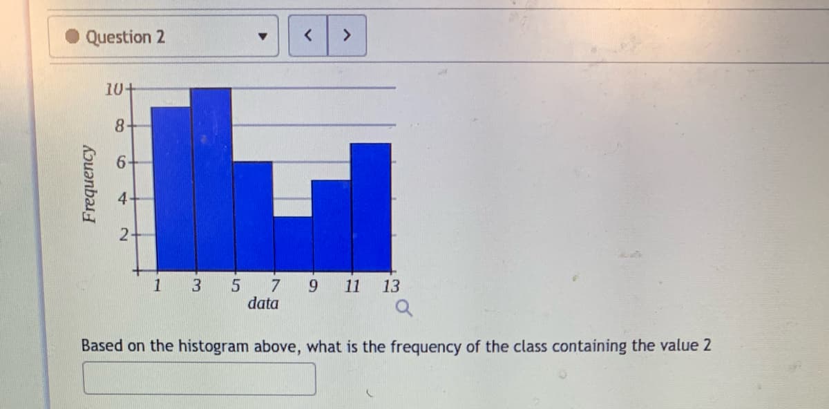 Question 2
Frequency
10+
8
2
1
3
5
7
data
< >
9 11 13
Q
Based on the histogram above, what is the frequency of the class containing the value 2