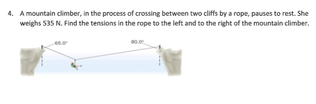 4. A mountain climber, in the process of crossing between two cliffs by a rope, pauses to rest. She
weighs 535 N. Find the tensions in the rope to the left and to the right of the mountain climber.
80.0
65.0°

