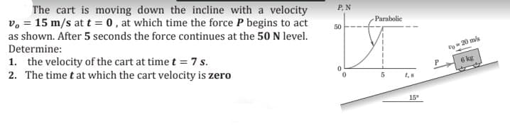 The cart is moving down the incline with a velocity
vo = 15 m/s at t = 0 , at which time the force P begins to act
P, N
as shown. After 5 seconds the force continues at the 50 N level.
Parabolie
50
Determine:
1. the velocity of the cart at time t = 7 s.
2. The time t at which the cart velocity is zero
Dg = 20 m/s
6 kg
15°
