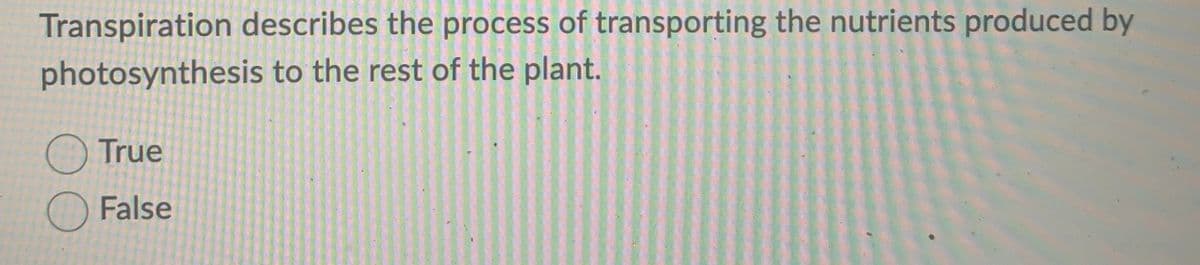 Transpiration describes the process of transporting the nutrients produced by
photosynthesis to the rest of the plant.
OTrue
O False
