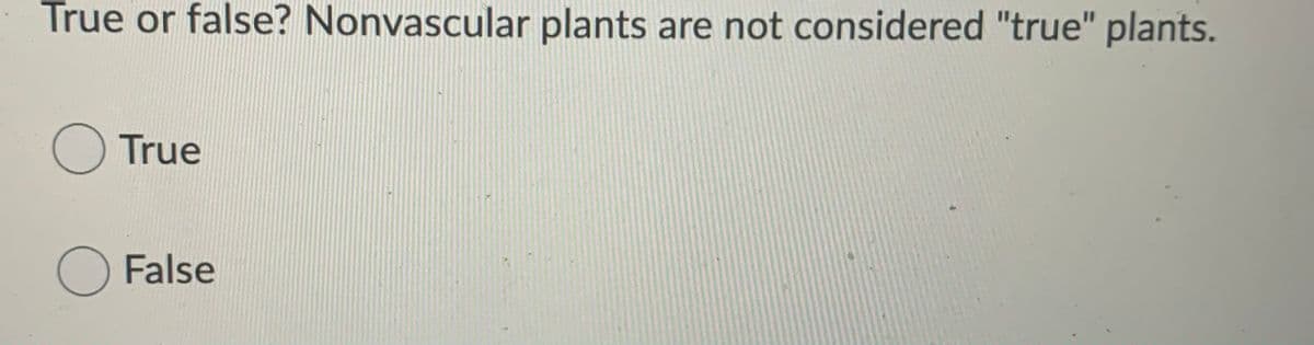 True or false? Nonvascular plants are not considered "true" plants.
O True
O False
