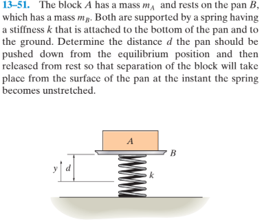 13–51. The block A has a mass mA and rests on the pan B,
which has a mass mg. Both are supported by a spring having
a stiffness k that is attached to the bottom of the pan and to
the ground. Determine the distance d the pan should be
pushed down from the equilibrium position and then
released from rest so that separation of the block will take
place from the surface of the pan at the instant the spring
becomes unstretched.
A
