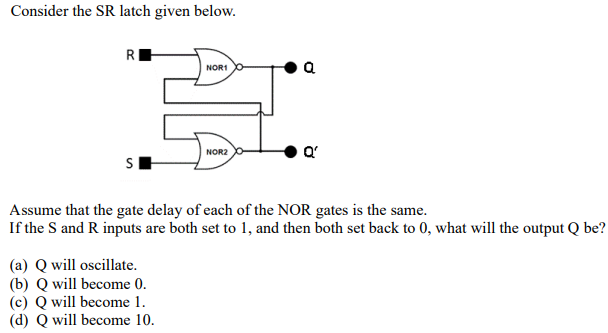 Consider the SR latch given below.
R
S
NOR1
(a) Q will oscillate.
(b) Q will become 0.
(c) Q will become 1.
(d) Q will become 10.
NOR2
Q'
Assume that the gate delay of each of the NOR gates is the same.
If the S and R inputs are both set to 1, and then both set back to 0, what will the output Q be?
