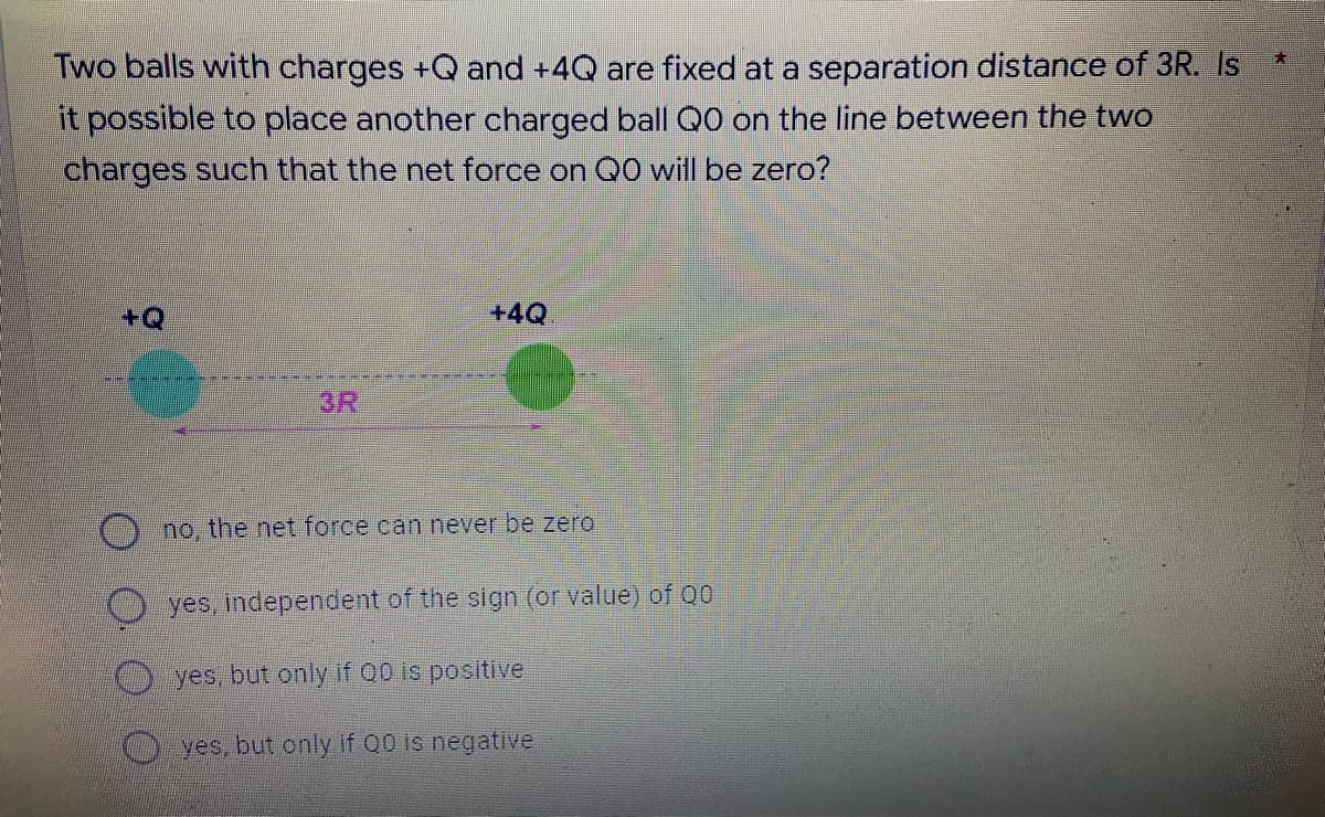 Two balls with charges +Q and +4Q are fixed at a separation distance of 3R. Is
it possible to place another charged ball QO on the line between the two
charges such that the net force on QO will be zero?
+Q
+4Q
no, the net force can never be zero
yes, independent of the sign (or value) of QO
yes, but only if Q0 is positive
yes, but only if QO is negative