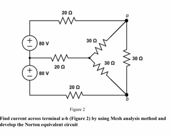 20 Ω
30 2
80 V
30 Ω
30 0
20 2
80 V
20 Q
Figure 2
Find current across terminal a-b (Figure 2) by using Mesh analysis method and
develop the Norton equivalent circuit
+1
+1
