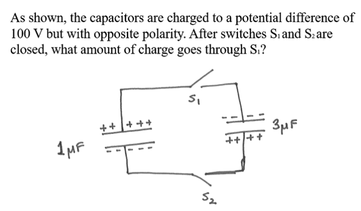 As shown, the capacitors are charged to a potential difference of
100 V but with opposite polarity. After switches Sı and Sare
closed, what amount of charge goes through S1?
++ + ++
3µF
++/++
