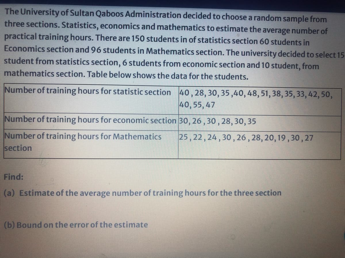 The University of Sultan Qaboos Administration decided to choose a random sample from
three sections. Statistics, economics and mathematics to estimate the average number of
practical training hours. There are 150 students in of statistics section 60 students in
Economics section and 96 students in Mathematics section. The university decided to select 15
student from statistics section, 6 students from economic section and 10 student, from
mathematics section. Table below shows the data for the students.
Number of training hours for statistic section 40,28, 30, 35,40, 48,51, 38, 35, 33, 42, 50,
40, 55, 47
Number of training hours for economic section 30, 26, 30 , 28, 30, 35
Number of training hours for Mathematics
section
25, 22,24, 30,26, 28, 20,19,30,27
Find:
(a) Estimate of the average number of training hours for the three section
(b) Bound on the error of the estimate
