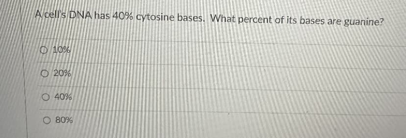 A cell's DNA has 40% cytosine bases. What percent of its bases are guanine?
O 10%
O 20%
O 40%
O 80%
