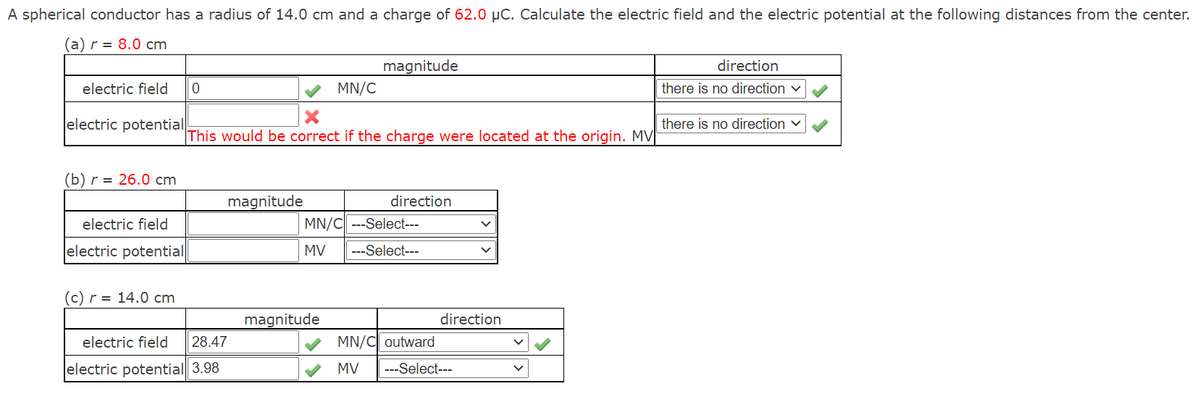 A spherical conductor has a radius of 14.0 cm and a charge of 62.0 µC. Calculate the electric field and the electric potential at the following distances from the center.
(а)r %3D 8.0 сm
magnitude
MN/C
direction
electric field
there is no direction
electric potential
there is no direction
This would be correct if the charge were located at the origin. MV
(b) r = 26.0 cm
magnitude
direction
electric field
MN/C ---Select---
electric potential
MV
---Select---
(c) r = 14.0 cm
magnitude
direction
electric field
28.47
MN/C outward
electric potential 3.98
MV
---Select---
