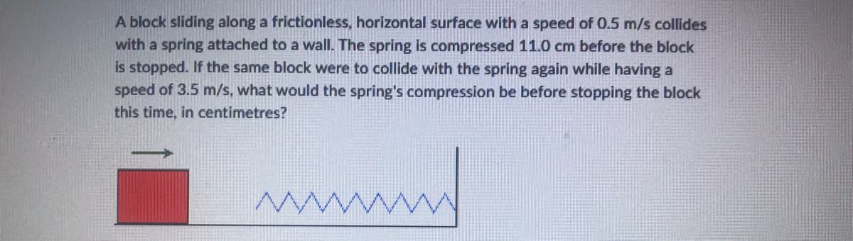 A block sliding along a frictionless, horizontal surface with a speed of 0.5 m/s collides
with a spring attached to a wall. The spring is compressed 11.0 cm before the block
is stopped. If the same block were to collide with the spring again while having a
speed of 3.5 m/s, what would the spring's compression be before stopping the block
this time, in centimetres?
MM
un