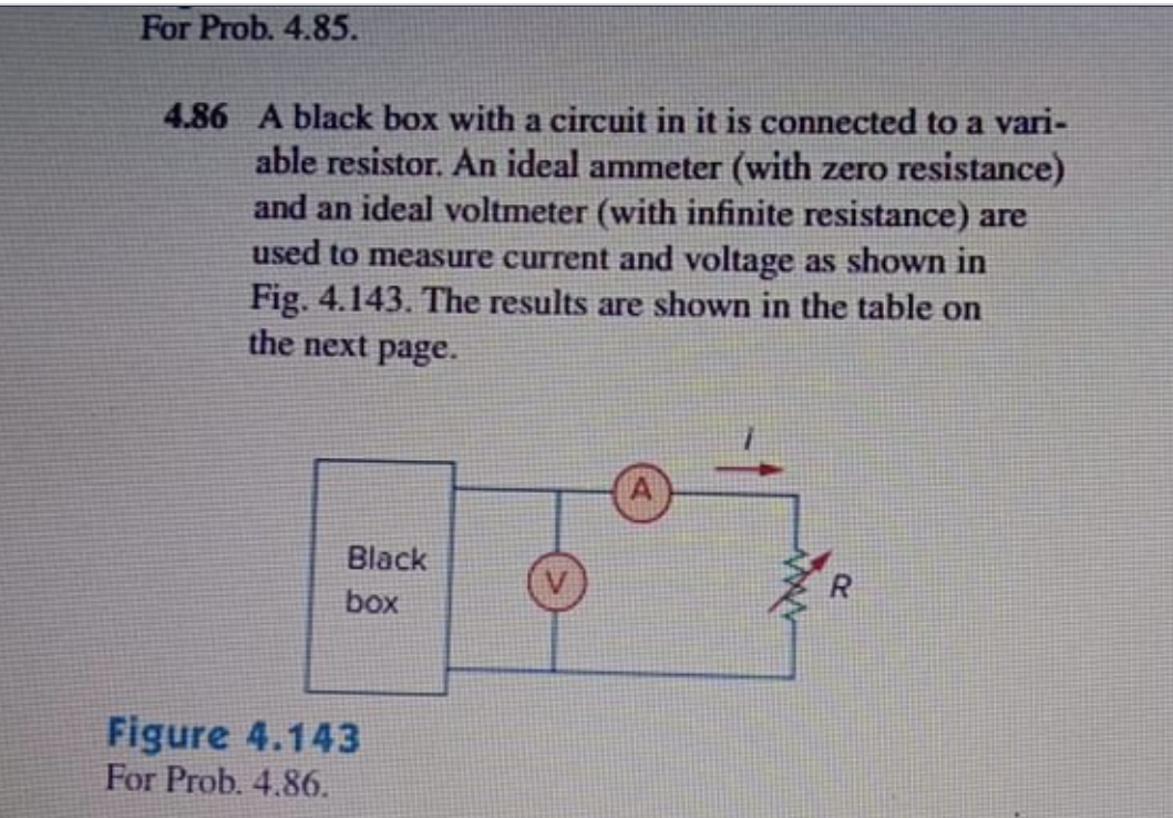 For Prob. 4.85.
4.86 A black box with a circuit in it is connected to a vari-
able resistor. An ideal ammeter (with zero resistance)
and an ideal voltmeter (with infinite resistance) are
used to measure current and voltage as shown in
Fig. 4.143. The results are shown in the table on
the next page.
Black
R.
box
Figure 4.143
For Prob. 4.86.
