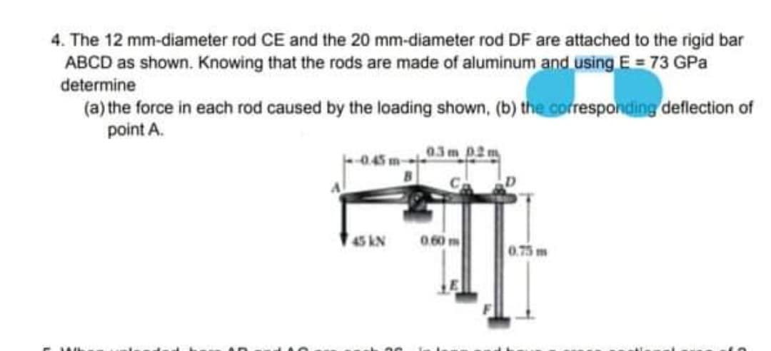 4. The 12 mm-diameter rod CE and the 20 mm-diameter rod DF are attached to the rigid bar
ABCD as shown. Knowing that the rods are made of aluminum and using E = 73 GPa
determine
(a) the force in each rod caused by the loading shown, (b) the corresponding deflection of
point A.
0.45
45 AN
060 m
0.75 m
