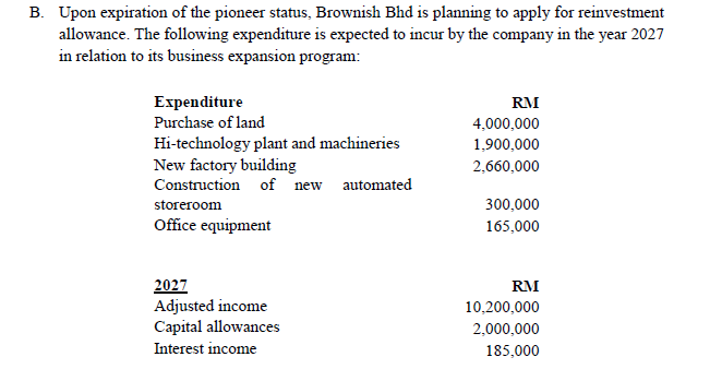 B. Upon expiration of the pioneer status, Brownish Bhd is planning to apply for reinvestment
allowance. The following expenditure is expected to incur by the company in the year 2027
in relation to its business expansion program:
Expenditure
Purchase of land
RM
4,000,000
Hi-technology plant and machineries
New factory building
Construction
1,900,000
2,660,000
of new automated
storeroom
300,000
Office equipment
165,000
2027
Adjusted income
Capital allowances
Interest in
RM
10,200,000
2,000,000
income
185,000
