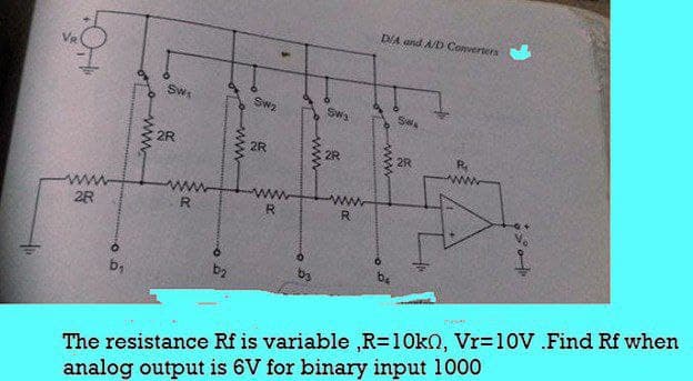 DIA and A/D Converters
SWs
Sw2
Swa
SwA
2R
2R
2R
2R
2R
R
R
R.
b,
The resistance Rf is variable ,R=10k0, Vr=10V .Find Rf when
analog output is 6V for binary input 1000
ww
www
ww
