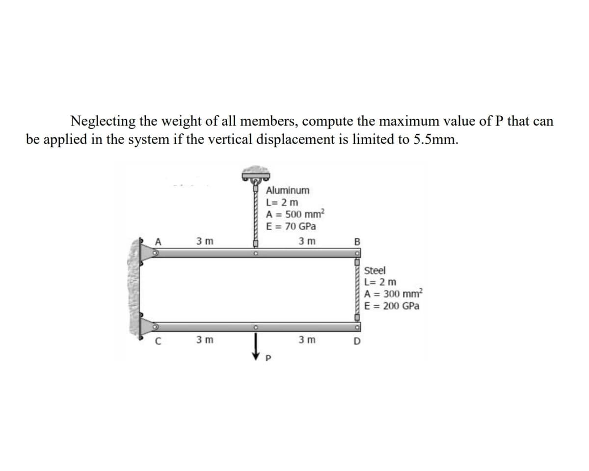 Neglecting the weight of all members, compute the maximum value of P that can
be applied in the system if the vertical displacement is limited to 5.5mm.
Aluminum
L= 2 m
A = 500 mm?
E = 70 GPa
3 m
A
3 m
Steel
L= 2 m
A = 300 mm?
E = 200 GPa
3 m
3 m
D
