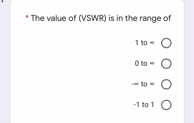 * The value of (VSWR) is in the range of
1 to 0
0 to o O
-00 to o O
-1 to 1 O
