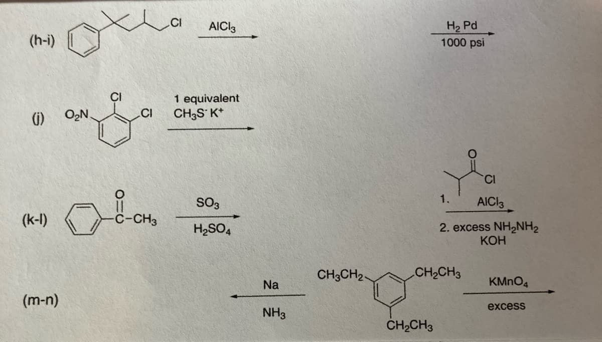 .CI
H2 Pd
1000 psi
AICI3
(h-i)
1 equivalent
CH3S K*
()
O2N.
CI
1.
SO3
AICI3
(k-I)
-CH3
H2SO4
2. excess NH2NH2
КОН
CH3CH2
CH2CH3
Na
KMNO4
(m-n)
excess
NH3
CH2CH3
