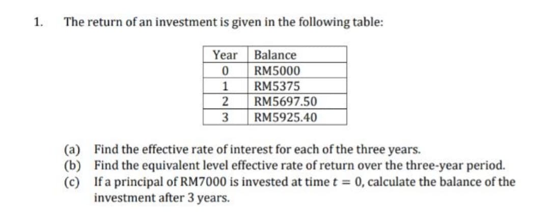 1.
The return of an investment is given in the following table:
Year
Balance
RM5000
1
RM5375
RM5697.50
3.
RM5925.40
(a) Find the effective rate of interest for each of the three years.
(b) Find the equivalent level effective rate of return over the three-year period.
(c) If a principal of RM7000 is invested at time t = 0, calculate the balance of the
investment after 3 years.
