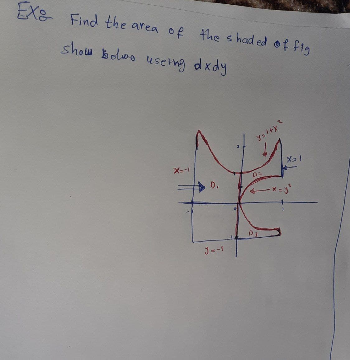 EX Find the area of
the s had ed of fig
show belwo usetng dxdy
X=-1
DZ
D3
