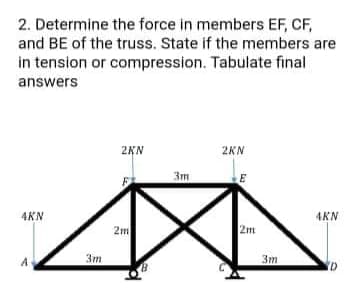 2. Determine the force in members EF, CF,
and BE of the truss. State if the members are
in tension or compression. Tabulate final
answers
2KN
2KN
3m
4KN
4KN
2m
2m
3m
3m
