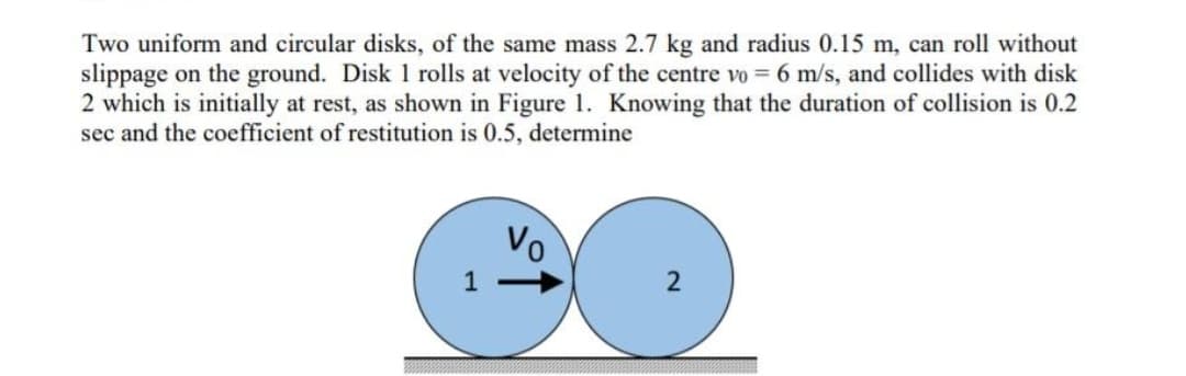 Two uniform and circular disks, of the same mass 2.7 kg and radius 0.15 m, can roll without
slippage on the ground. Disk 1 rolls at velocity of the centre vo = 6 m/s, and collides with disk
2 which is initially at rest, as shown in Figure 1. Knowing that the duration of collision is 0.2
sec and the coefficient of restitution is 0.5, determine
Vo
1,
