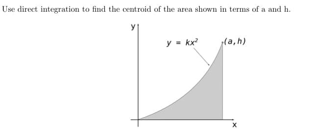 Use direct integration to find the centroid of the area shown in terms of a and h.
y = kx²
(a,h)
X