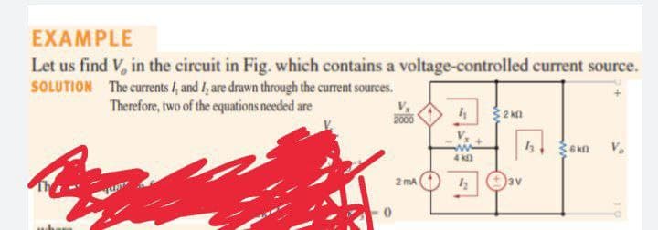 EXAMPLE
Let us find V, in the circuit in Fig. which contains a voltage-controlled current source.
SOLUTION The currents I, and I, are drawn through the current sources.
Therefore, two of the equations needed are
V,
2000
$2 kn
4 kn
2 mA
3V
