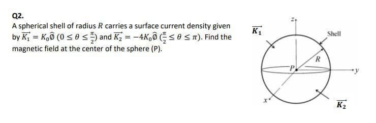 Q2.
A spherical shell of radius R carries a surface current density given
by K = K,ô (0 s 0 s and K, = -4K,0 SO ST). Find the
magnetic field at the center of the sphere (P).
Shell
K2
