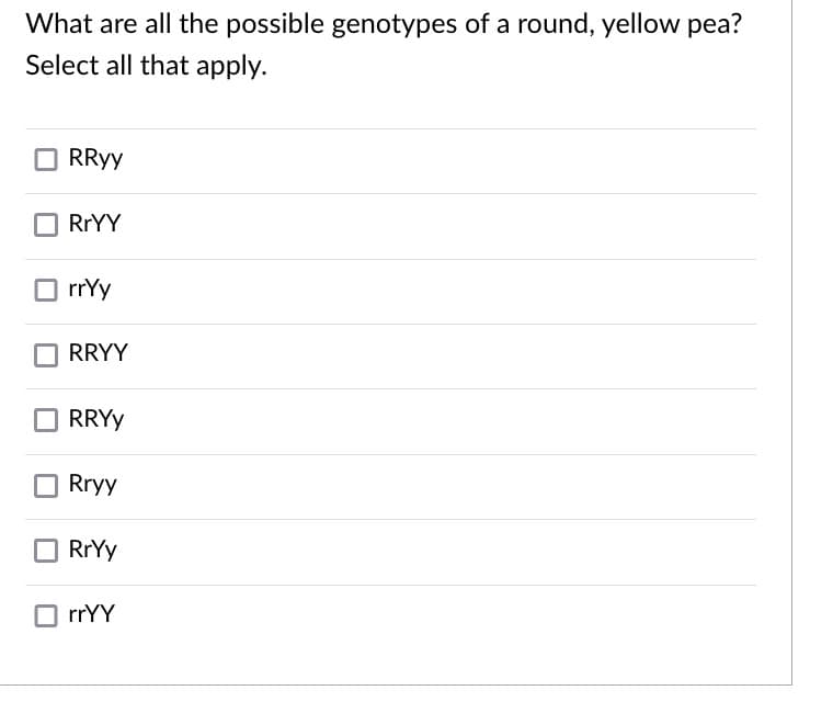 What are all the possible genotypes of a round, yellow pea?
Select all that apply.
RRyy
RRYY
rrYy
RRYY
RRYY
Rryy
O RrYy
O rrYY
