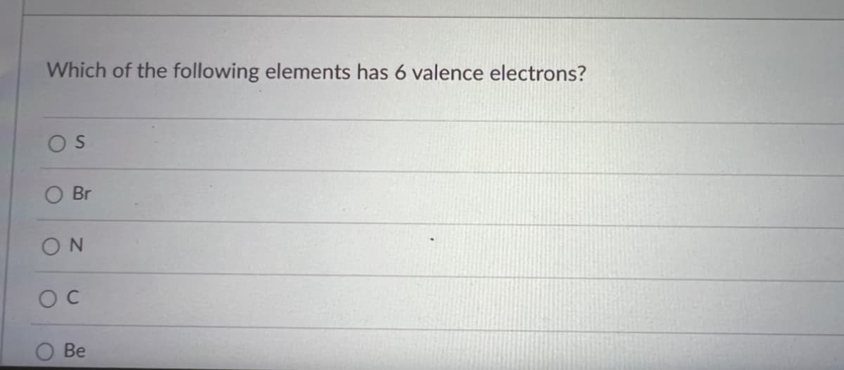 Which of the following elements has 6 valence electrons?
OS
O Br
ΟΝ
OC
Be