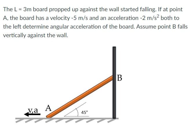 The L = 3m board propped up against the wall started falling. If at point
A, the board has a velocity -5 m/s and an acceleration -2 m/s² both to
the left determine angular acceleration of the board. Assume point B falls
vertically against the wall.
v,a
A
45°
B