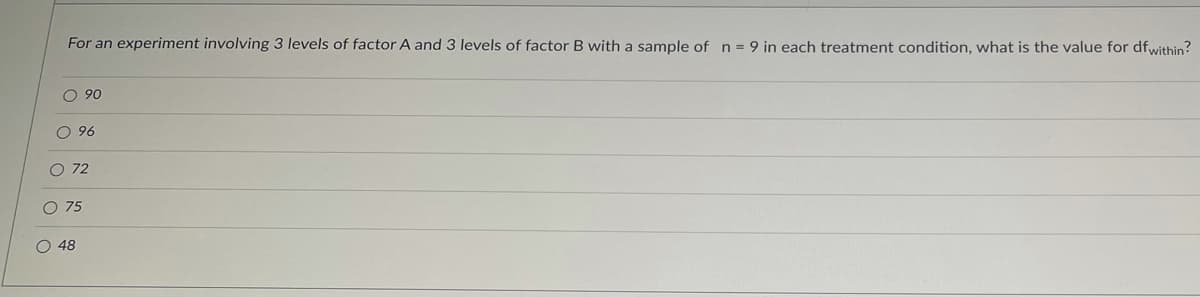 For an experiment involving 3 levels of factor A and 3 levels of factor B with a sample of n = 9 in each treatment condition, what is the value for df within?
O 90
O 96
O 72
O 75
O 48
