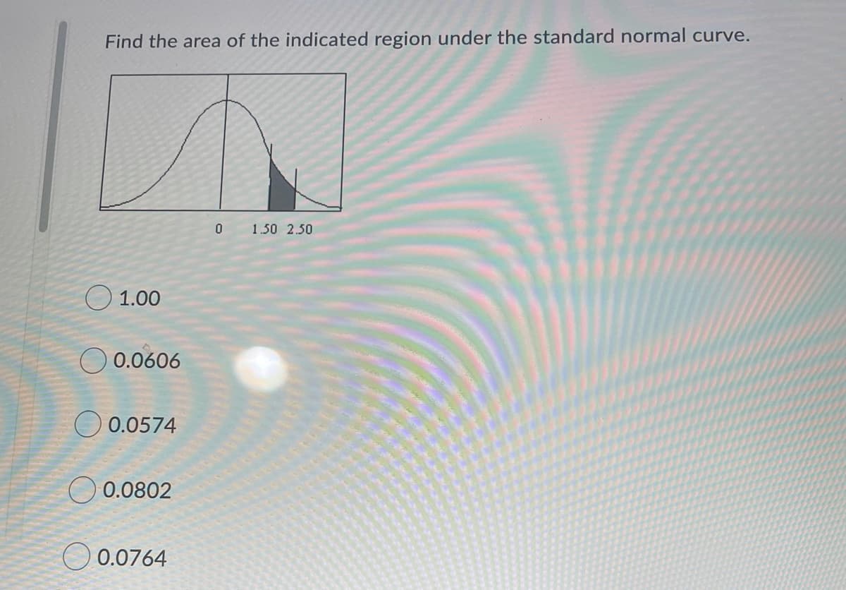 Find the area of the indicated region under the standard normal curve.
1.50 2.50
O 1.00
0.0606
O 0.0574
O 0.0802
O 0.0764
