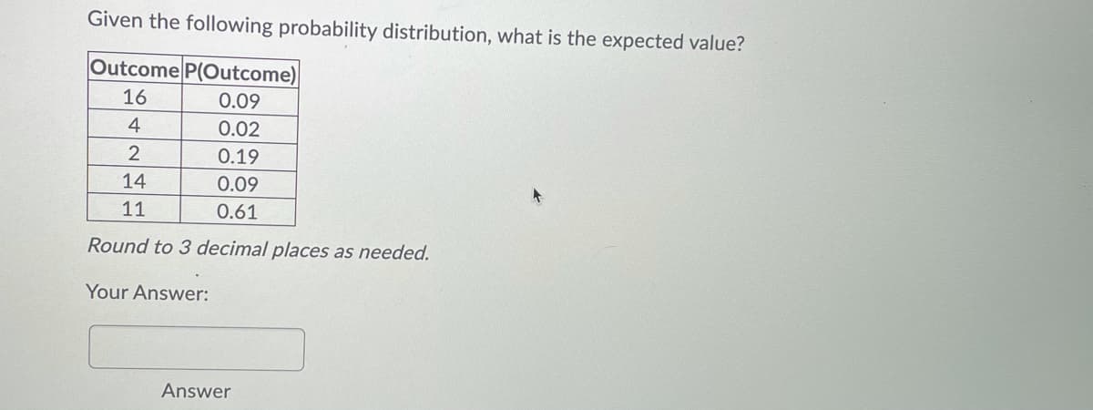 Given the following probability distribution, what is the expected value?
Outcome P(Outcome)
16
0.09
4
0.02
2
0.19
14
0.09
11
0.61
Round to 3 decimal places as needed.
Your Answer:
Answer
