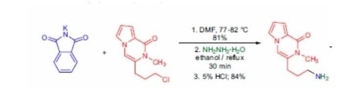 1. DMF, 77-82 C
81%
2. NH,NH H,0
ethanol / reflux
30 min
CH
CHs
`NH2
3. 5% HCI; 84%
