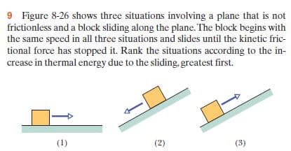 9 Figure 8-26 shows three situations involving a plane that is not
frictionless and a block sliding along the plane. The block begins with
the same speed in all three situations and slides until the kinetic fric-
tional force has stopped it. Rank the situations according to the in-
crease in thermal energy due to the sliding, greatest first.
(1)
(2)
(3)
