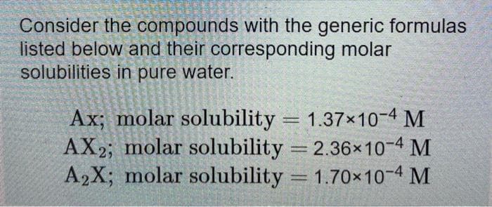 Consider the compounds with the generic formulas
listed below and their corresponding molar
solubilities in pure water.
Ax; molar solubility = 1.37x10-4 M
AX2; molar solubility = 2.36x10-4 M
A,X; molar solubility = 1.70×10-4 M
%3D
%3D
