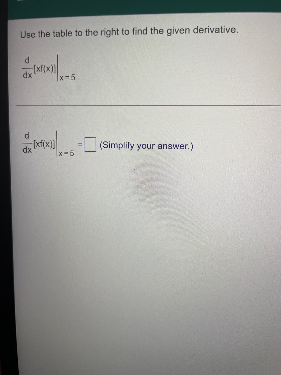 Use the table to the right to find the given derivative.
[xf(x)]
x35
dx
[xf(x)
(Simplify your answer.)
dx
