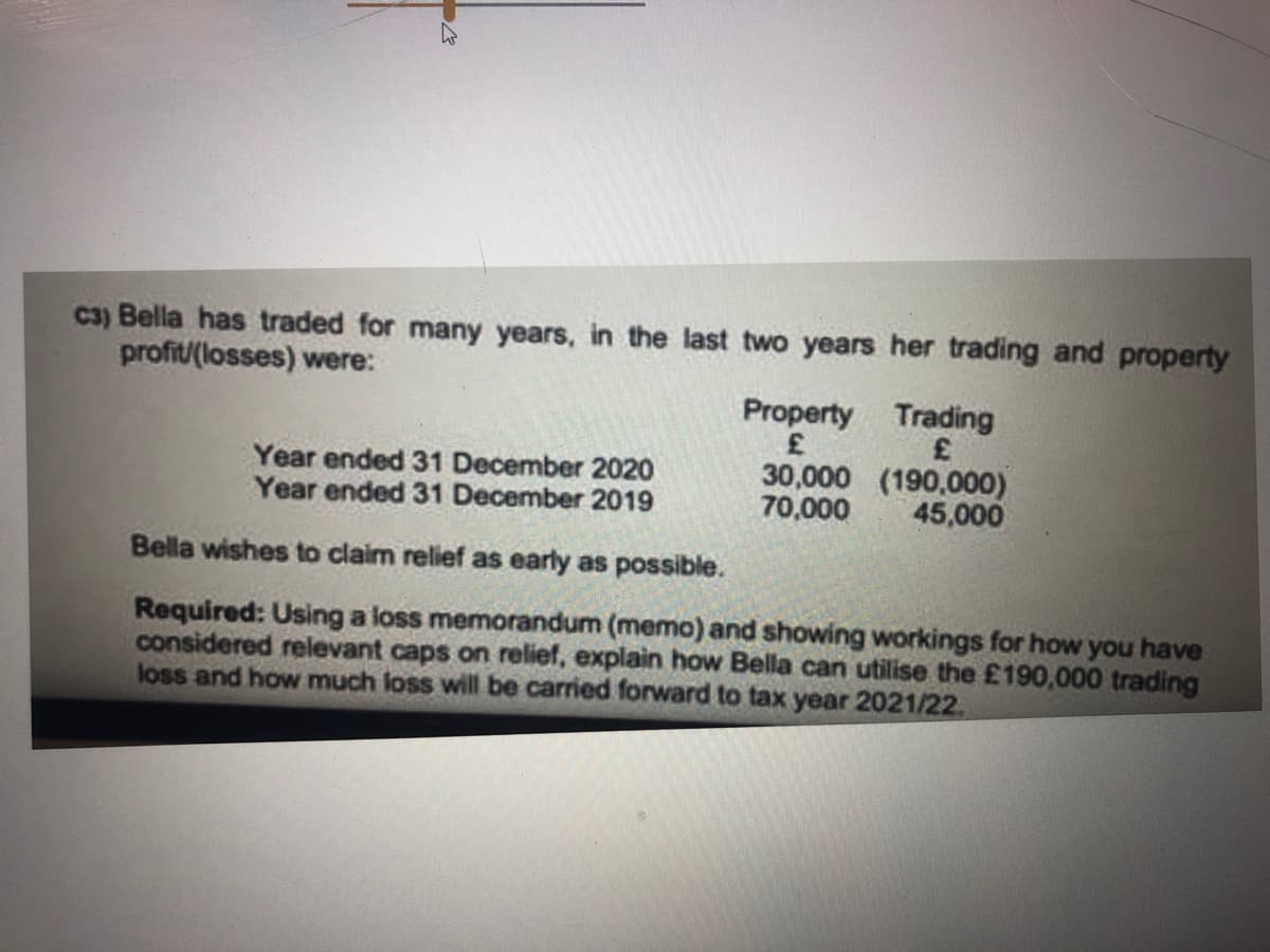 C3) Bella has traded for many years, in the last two years her trading and property
profit/(losses) were:
Property Trading
Year ended 31 December 2020
Year ended 31 December 2019
30,000 (190,000)
70,000
45,000
Bella wishes to claim relief as early as possible.
Required: Using a loss memorandum (memo) and showing workings for how you have
considered relevant caps on relief, explain how Bella can utilise the £190,000 trading
loss and how much loss will be carried forward to tax year 2021/22.
