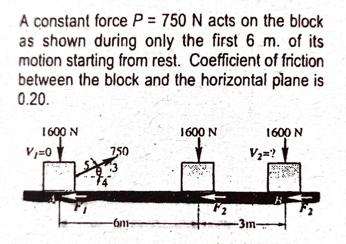 A constant force P = 750 N acts on the block
as shown during only the first 6 m. of its
motion starting from rest. Coefficient of friction
between the block and the horizontal plane is
0.20.
1600 N
1600 N
1600 N
Vj=0
750
V2=?
-6m-
-3m
