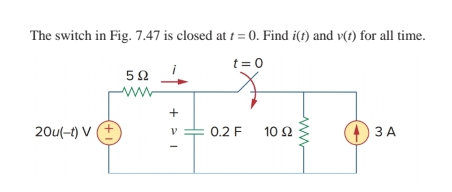 The switch in Fig. 7.47 is closed at t = 0. Find i(t) and v(t) for all time.
t = 0
20u(-t) V (+
50
ww
+ > I
0.2 F
10
1 ЗА