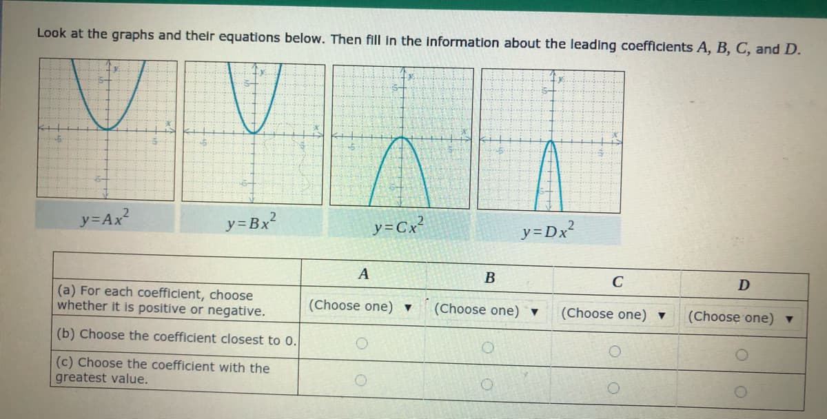 Look at the graphs and their equations below. Then fill in the information about the leading coefficients A, B, C, and D.
y=Ax²
y=Bx?
ソ=Cx
y=Dx²
A
C
D
(a) For each coefficient, choose
whether it is positive or negative.
(Choose one) v
(Choose one) ▼
(Choose one) v
(Choose one) ▼
(b) Choose the coefficient closest to 0.
(c) Choose the coefficient with the
greatest value.
